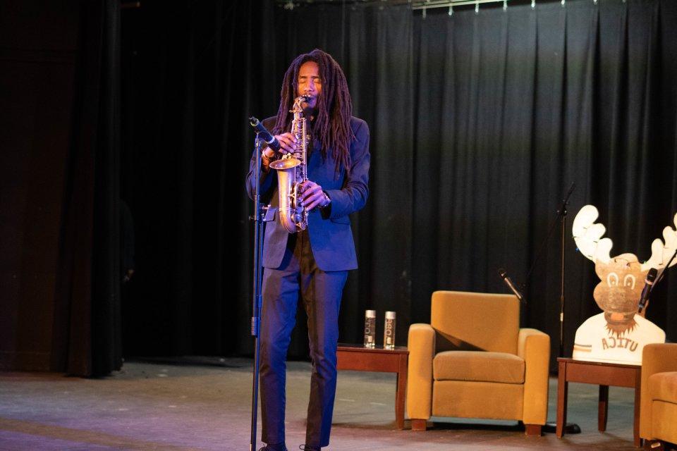 Craig Beacham plays saxophone in Strebel Auditorium on February 1, 2023.